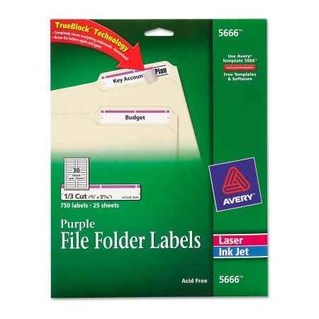 Avery File Folder Label, 21/32" Label W, 30 Labels per Sheet Purple 5666
